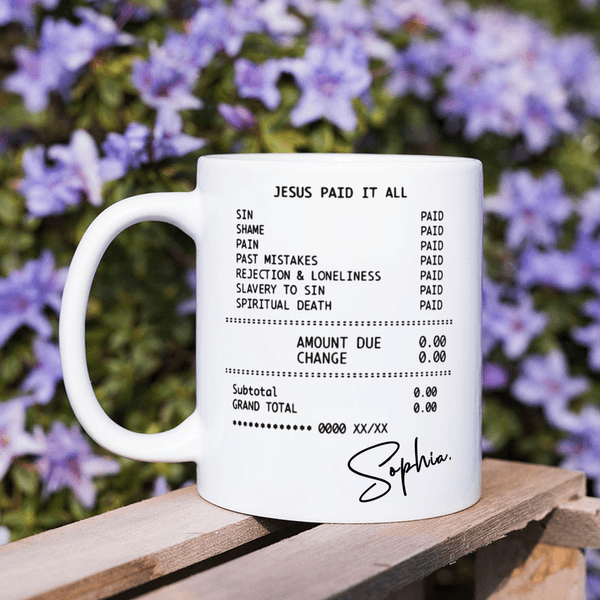 Personalized Bible Receipt Jesus Paid It All 11 oz 15 oz Mug with Name Work Baptism Easter Gift for Christian Friend
