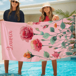 Personalized Watercolor Birth Flower Quick-Dry Microfiber Beach Towel with Name Beach Party Birthday Gift for Girls