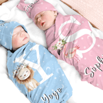 Personalized Flower Wreath Animals 100% Cotton Swaddle Blanket and Hat Set with Name Birthday Baby Shower Gift for Newborns Babies