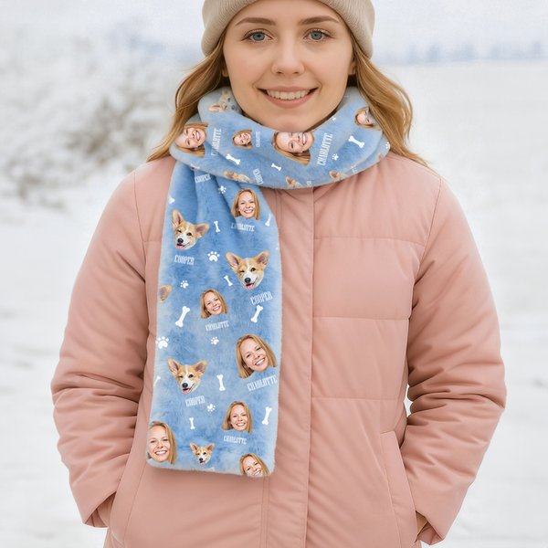 Personalized Funny Face Photo Name Multicolour Soft Warm Flannel Scarf Winter Accessories Anniversary Birthday Gift for Women Men Pet Lovers