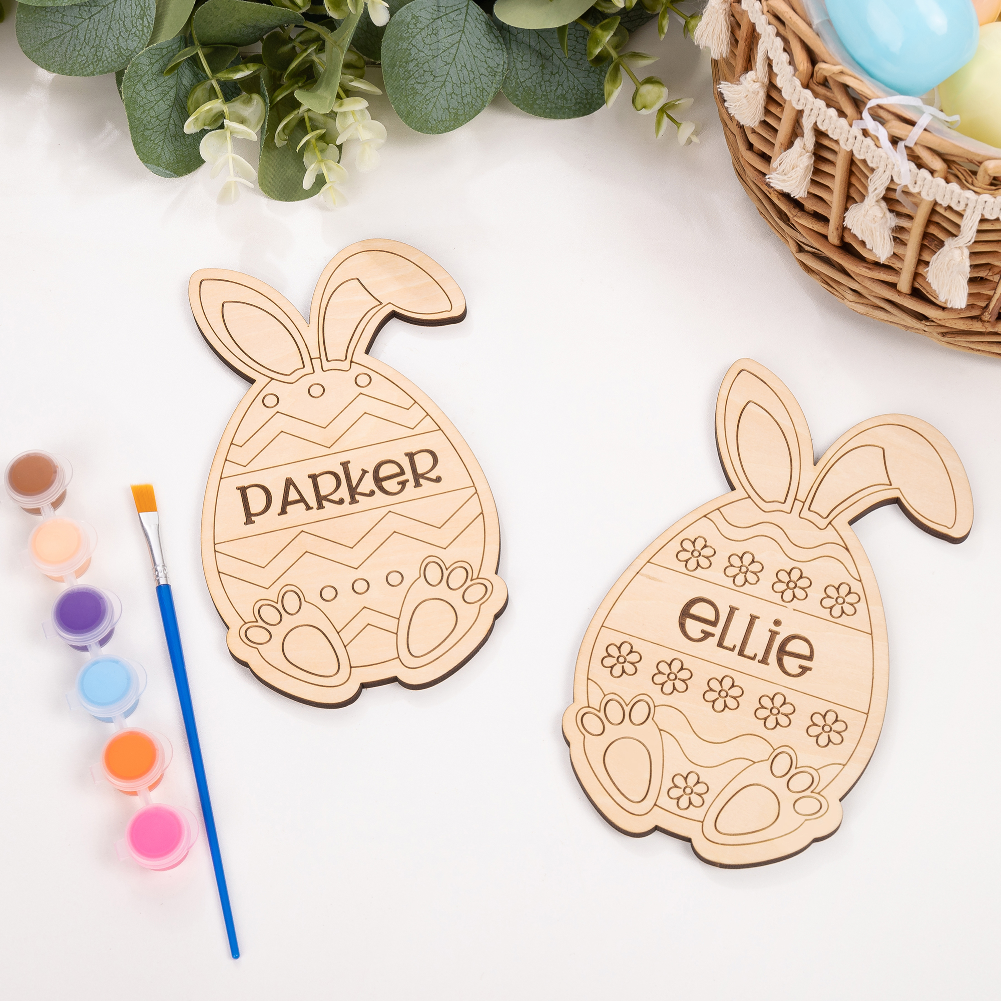 Oeuf de Pâques personnalisé Design lapin Bricolage Peinture en bois avec pinceau et peinture Set de bricolage Remplissage de panier Cadeau de Pâques pour les enfants