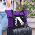 Personalized Birth Flower Initial Large Tote Bag with Name and Mesh Pockets Daily Use Travel Birthday Gift for Women