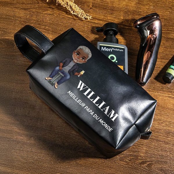 Trousse de Toilette en Cuir PU Personnalisée avec Personnage Dessin Animé Nom et Texte Cadeau Anniversaire Noël pour Homme Père
