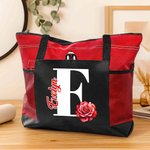 Personalized Birth Flower Initial Large Tote Bag with Name and Mesh Pockets Daily Use Travel Birthday Gift for Women