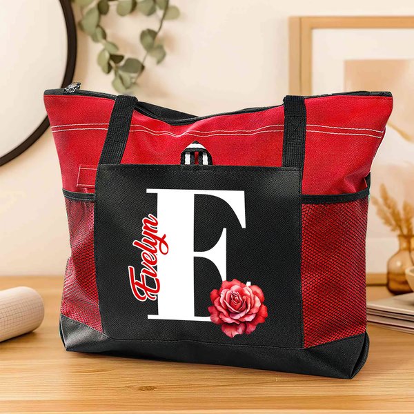 Personalized Birth Flower Initial Large Tote Bag with Name and Mesh Pockets Daily Use Travel Birthday Gift for Women
