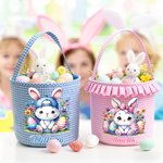 Personalised Cartoon Cute Bunny Chick Reusable Easter Plaid Basket with Name Easter Egg Hunt Easter Party Gift for Kids