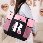 Personalized Birth Flower Initial Large Tote Bag with Name and Mesh Pockets Daily Use Travel Birthday Gift for Women