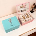 Personalisierte Double-Layer-Geburt Blume PU-Leder-Schmuck-Box mit Namen Make-up-Spiegel Geburtstag Valentinstag Geschenk für Frauen Mädchen