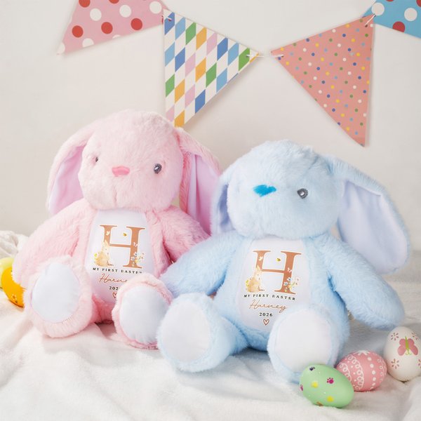Personalized My First Easter Bib Peter Rabbit Cute Plush Stuffed Animal Toy with Name and Year Easter Gift for Kids Newborns Babies