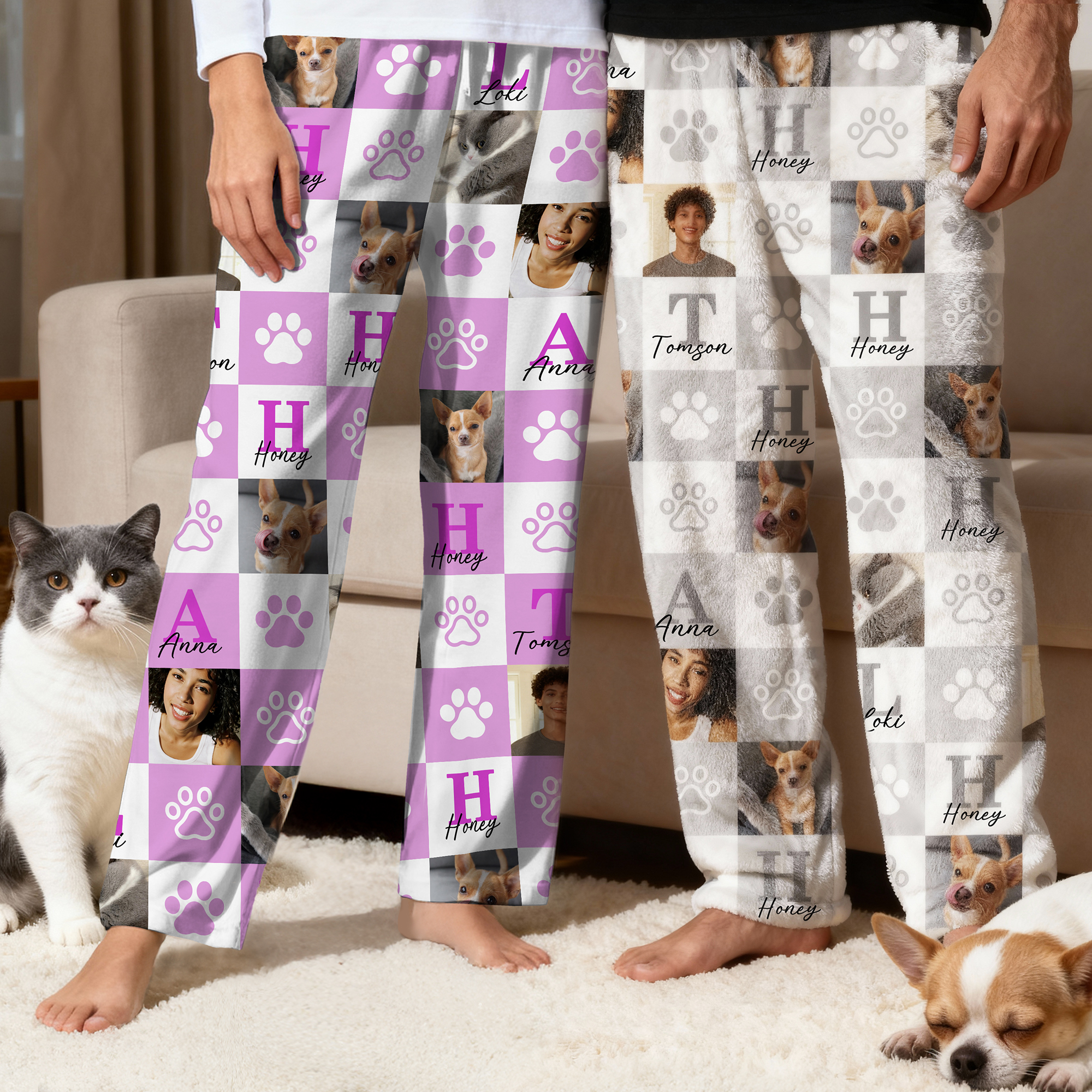 Pantalon de pyjama personnalisé avec 1-6 photos et noms - Cadeau d'anniversaire pour la famille amoureuse d'animal de compangie