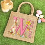Personalised Cute Easter Bunny Initial Large Jute Tote Bag with Name and Initial Easter Gift for Kids