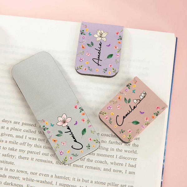 Personalised Birth Flower Floral PU Leather Magnetic Bookmark Clip with Name Reading Accessory Daily Use Birthday Gift for Bookworms Librarians