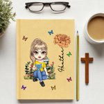 Personalised Birth Flower Cartoon Reading Character A5 Lined Notebook with Name and Pencil Birthday Gift for Family Friends