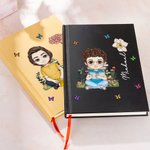 Personalised Birth Flower Cartoon Reading Character A5 Lined Notebook with Name and Pencil Birthday Gift for Family Friends