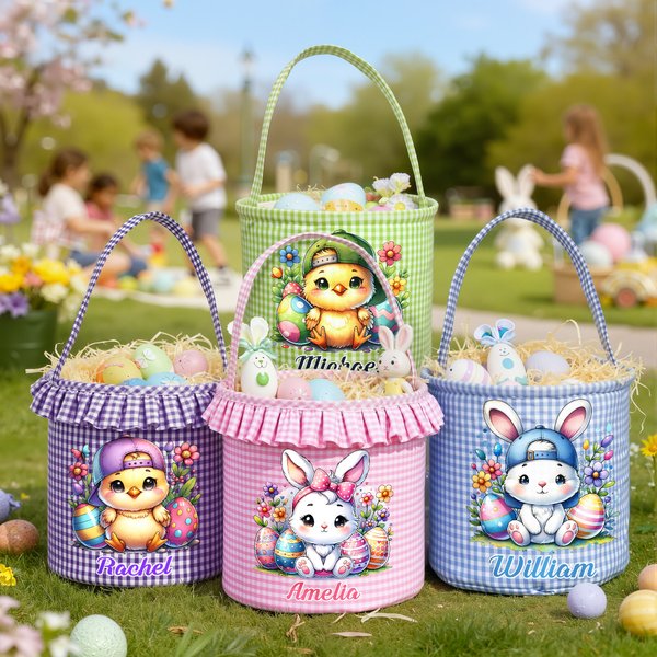 Personalized Cartoon Cute Bunny Chick Reusable Easter Plaid Basket with Name Easter Egg Hunt Easter Party Gift for Kids