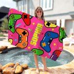 Toalla de playa de secado rápido, suave y multicolor, personalizada, con nombre, para los amantes de los videojuegos, como regalo de cumpleaños para las vacaciones de verano.
