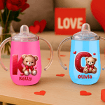 Personalized Cute Heart Bear 10 oz Thermal Insulated Sippy Cup with Name and Initial Birthday Valentine's Day Gift for Children