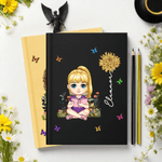 Personalised Birth Flower Cartoon Reading Character A5 Lined Notebook with Name and Pencil Birthday Gift for Family Friends
