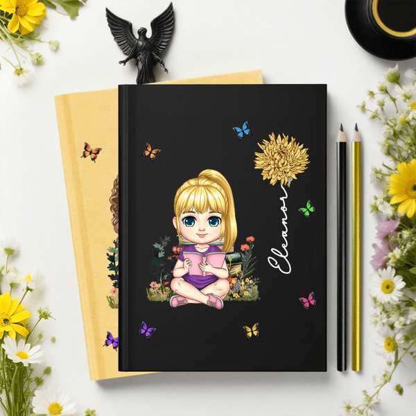 Personalised Birth Flower Cartoon Reading Character A5 Lined Notebook with Name and Pencil Birthday Gift for Family Friends