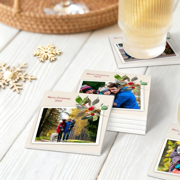 Personalised Red Berries Wreath Memory Photo Square Ceramic Coaster with Text Home Decor Christmas Gift for Friends Family