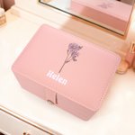 Personalisierte Double-Layer-Geburt Blume PU-Leder-Schmuck-Box mit Namen Make-up-Spiegel Geburtstag Valentinstag Geschenk für Frauen Mädchen