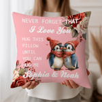 Personalized Never Forget That I Love You Penguin Heart Soft Throw Pillow Cover with Name Anniversary Valentine's Day Gift for Couple