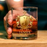 Personalised Golden 3D Badge Initial Name 10 oz Rock Whiskey Glass Old Fashioned Birthday Gift for Man Bartender Whiskey Enthusiast