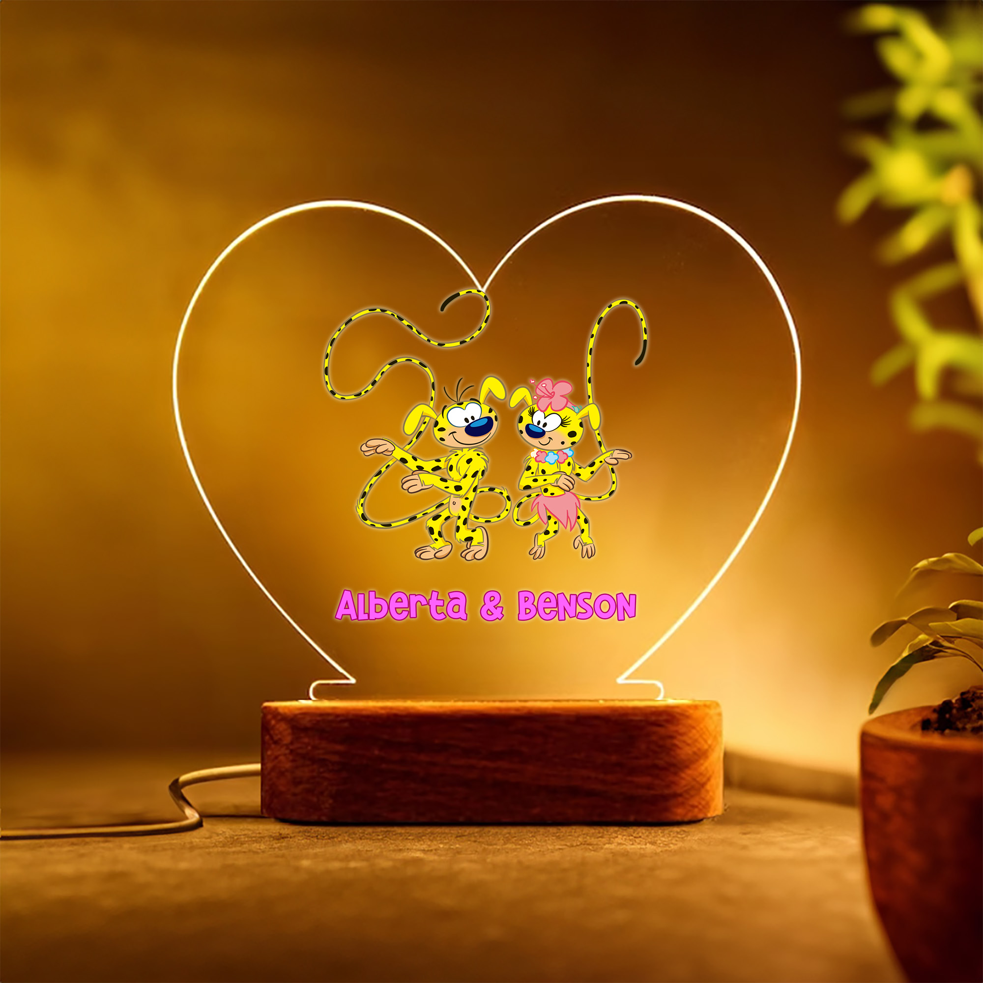 Veilleuse LED personnalisée Marsupilami à longue queue en forme de coeur avec noms Cadeau Saint-Valentin pour couple | Callie × Marsupilami®.
