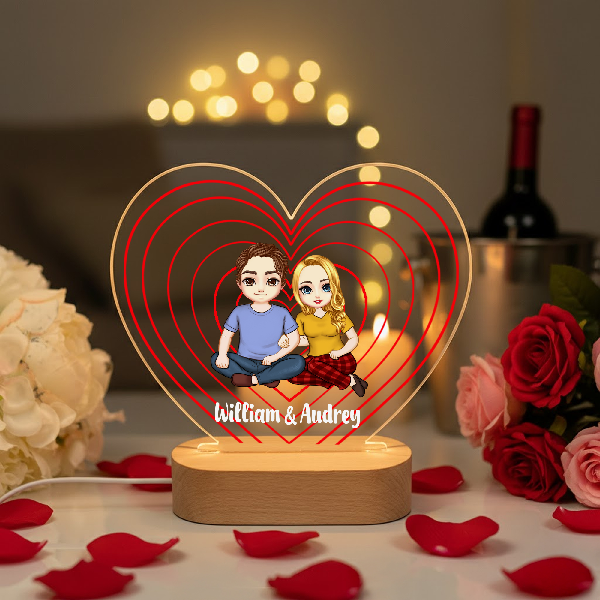 Veilleuse LED personnalisée en forme de coeur avec socle en bois Cadeau d'anniversaire de St Valentin pour couple