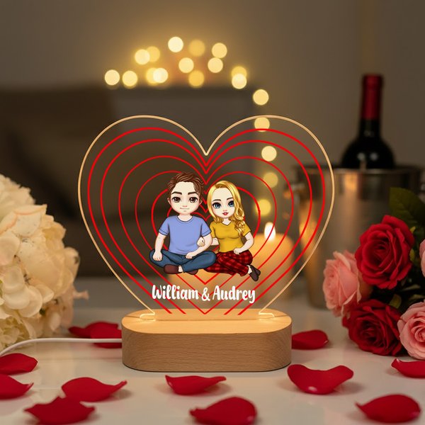 Personalized Cartoon Couple Character Heart-Shaped Name LED Night Light with Wooden Base Home Decor Valentine's Day Anniversary Gift for Couple