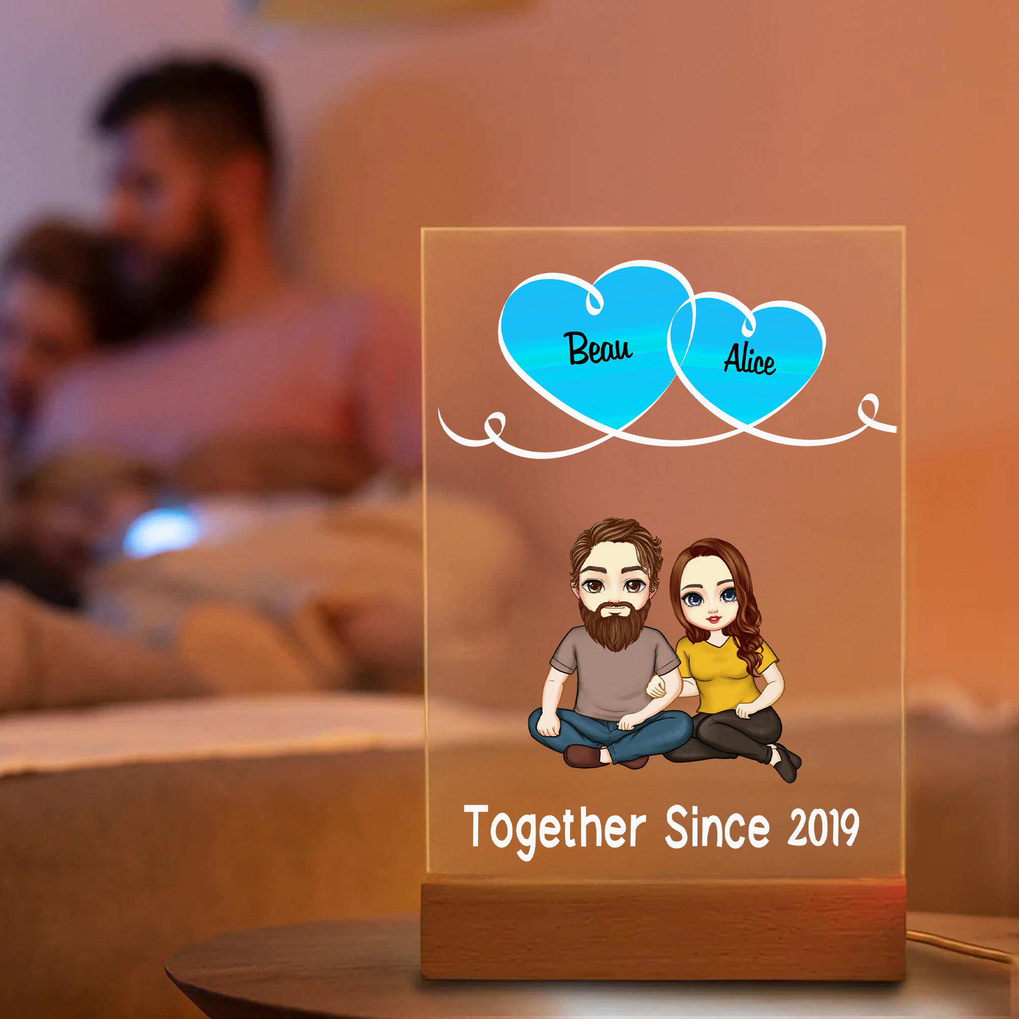 Veilleuse LED Couple Cartoon Personnalisée depuis l'année avec noms et base en bois Décoration d'intérieur Anniversaire Cadeau d'Anniversaire pour Couples