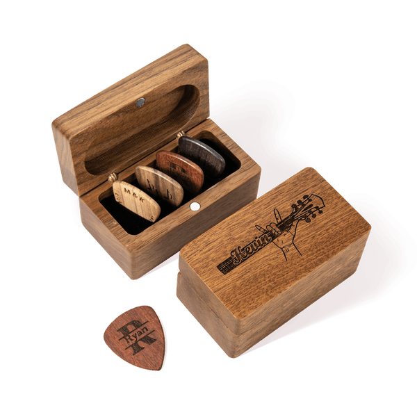 Personalisierte Holz Magnet Aufbewahrungsbox mit Plektren graviertem Text und Symbol Geburtstag Geschenk für Musiker Gitarrist