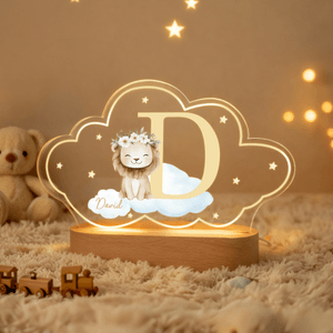 Personalised Wreath Animals Star Initial Acrylic LED Night Light with Name and Wooden Base Nursery Decor Birthday Gift for Kids