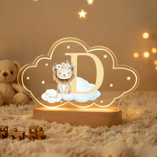 Personalized Wreath Animals Star Initial Acrylic LED Night Light with Name and Wooden Base Nursery Decor Birthday Gift for Kids
