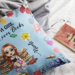 Personalized Cartoon Reading Character Birth Flower Soft Throw Pillow Cover with Name and Quote Home Decor Birthday Gift for Women Girls