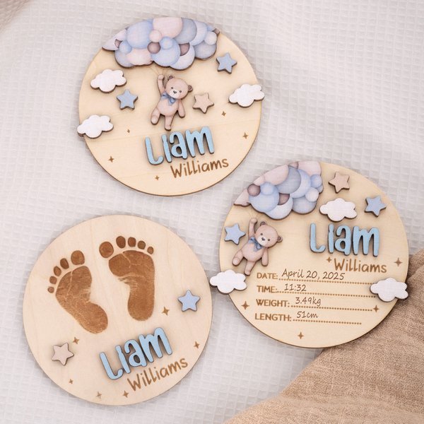 Personalized Teddy Bear Footprints Wooden Baby Announcement Sign with Name and Birth Stats Baby Shower Gift for Newborns Expectant Parents