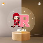Veilleuse LED personnalisée avec initiales du nom et base en bois pour joueur de hockey sur glace Cadeau d'anniversaire pour les amoureux des joueurs de hockey