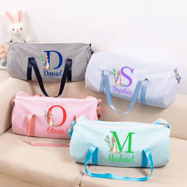 Sac de voyage personnalisé en toile à rayures Peter Rabbit avec nom et bandoulière Cadeau de Pâques pour les enfants