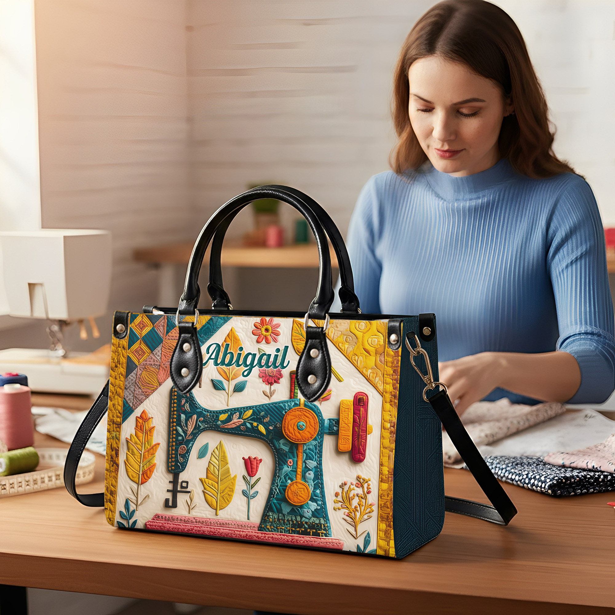 Machine à coudre personnalisée Grand sac fourre-tout en cuir PU avec nom et bandoulière Cadeau d'anniversaire pour femme Amoureuse de la couture