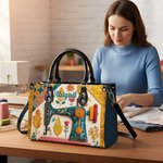 Personalised Sewing Machine PU Leather Large Tote Bag with Name and Shoulder Strap Birthday Gift for Woman Sewing Lover
