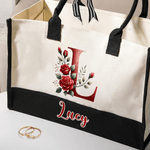 Personalized Large Capacity Red Rose Initial Canvas Tote Bag with Name Travel Essentials Valentine's Day Birthday Gift for Women
