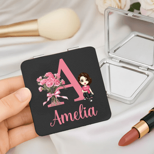 Personalized Birth Flower Cartoon Character PU Leather Round Heart  Square Makeup Mirror with Name Birthday Anniversary Gift for Women
