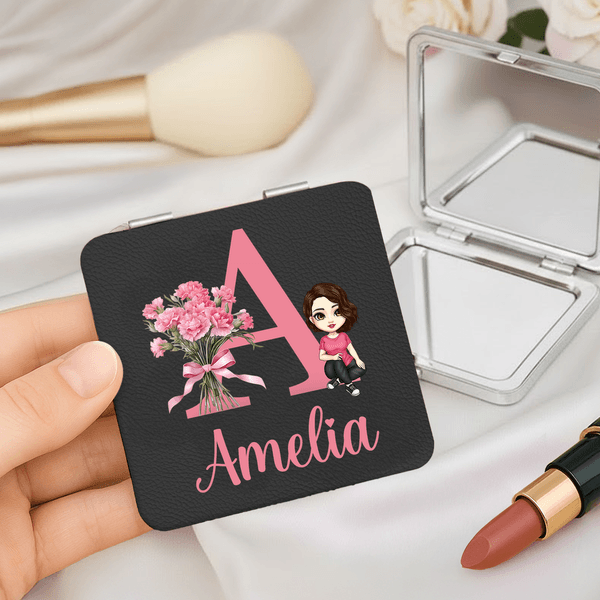 Personalized Birth Flower Cartoon Character PU Leather Round Heart  Square Makeup Mirror with Name Birthday Anniversary Gift for Women