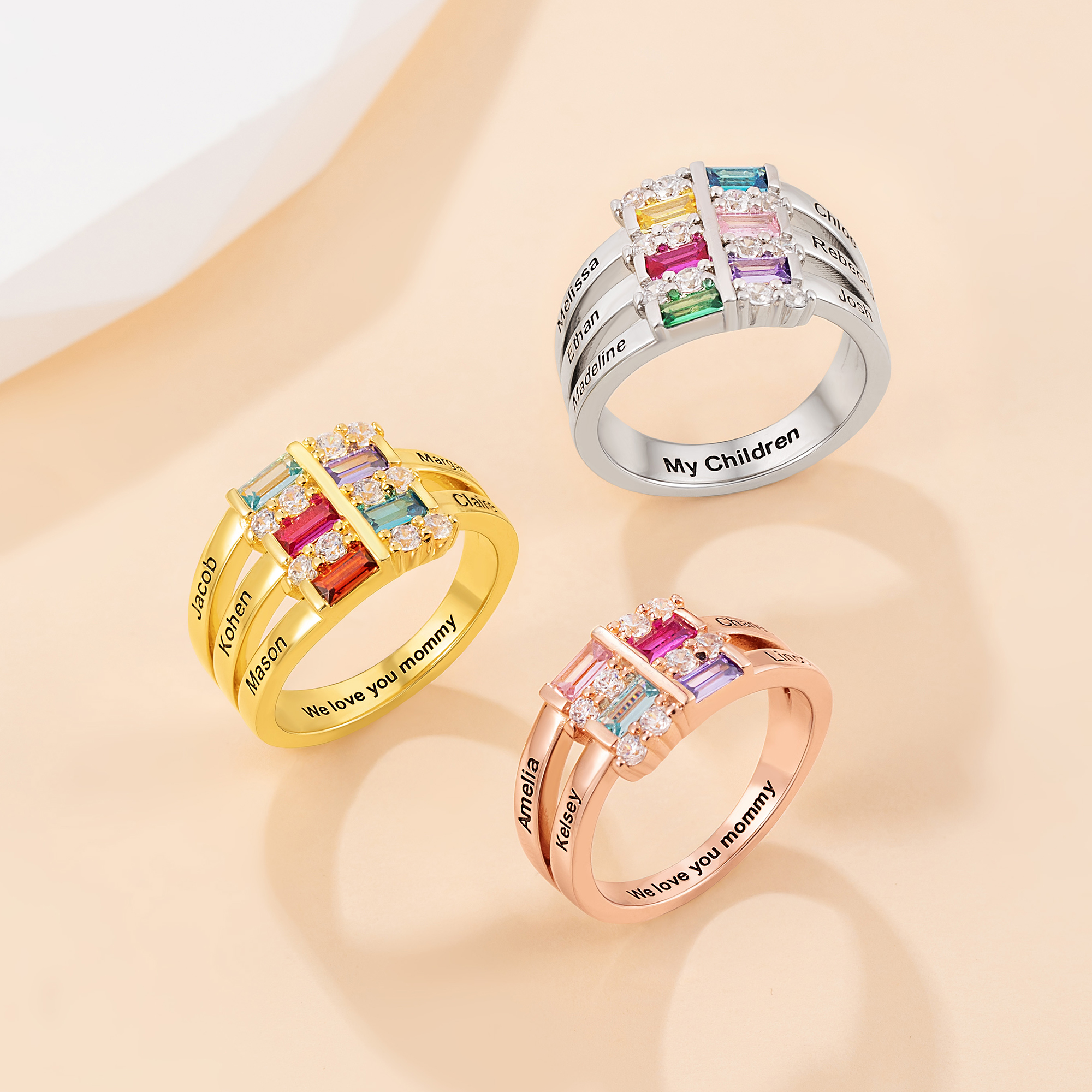 Bague personnalisée en argent sterling avec 1-6 pierres de naissance et nom Anniversaire Cadeau de fête des mères pour Grand-mère Maman Épouse