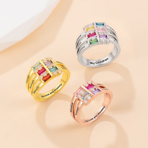 Personalized Dainty Sterling Silver Ring with 1-6 Birthstones and Name Anniversary Mother's Day Gift for Grandma Mom Wife