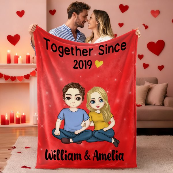Personalized Together Since Many Years Rainbow Cartoon Character Soft Throw Blanket with Name Home Decor Birthday Valentine's Day Gift for Couple