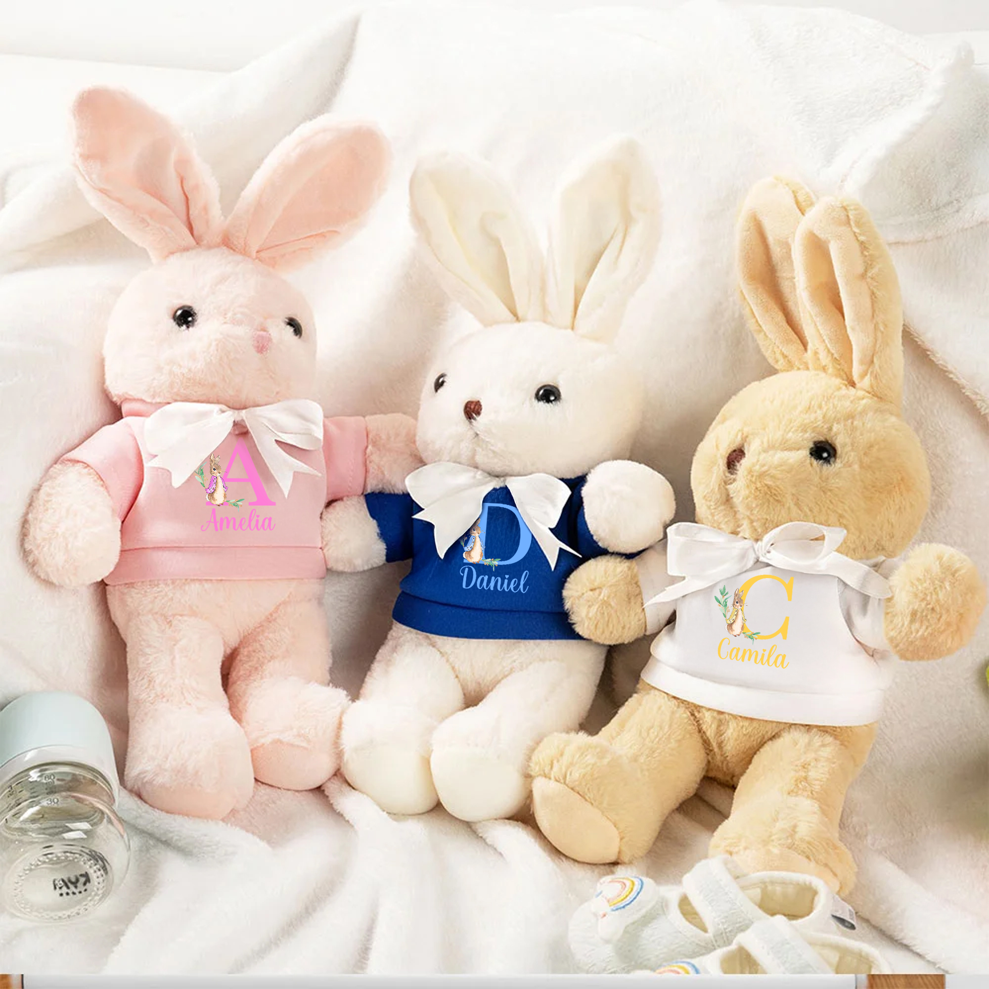 T-shirt personnalisé lapin avec noeud peluche lapin de Pâques avec initiale et nom Cadeau de Pâques pour nouveau-nés enfants