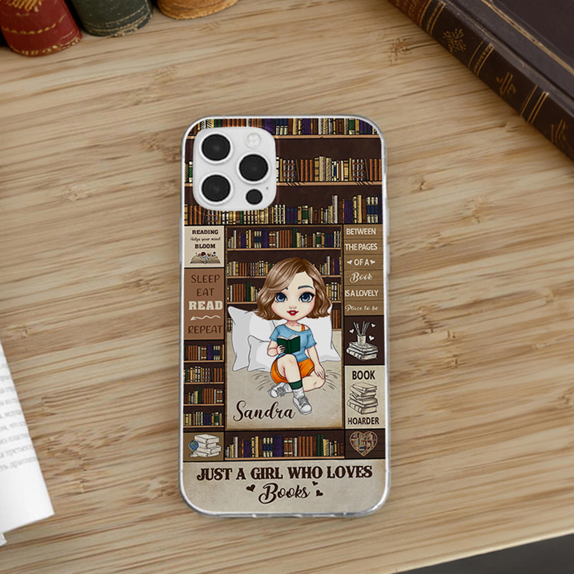 Etui iPhone personnalisé avec nom pour bibliothèque Cadeau d'anniversaire pour femmes amoureuses des livres
