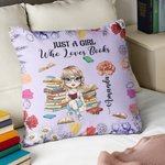 Personalized Cartoon Reading Character Birth Flower Soft Throw Pillow Cover with Name and Quote Home Decor Birthday Gift for Women Girls
