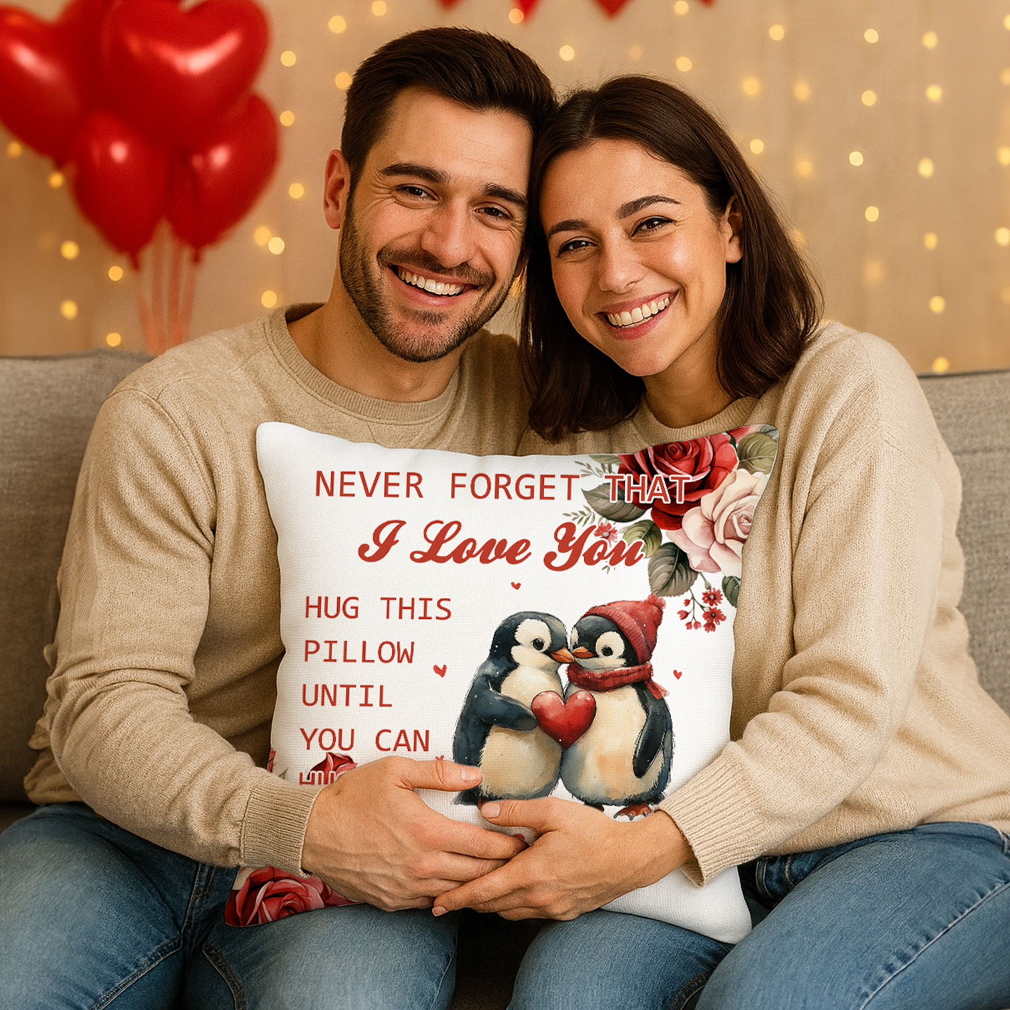 Couvre oreiller personnalisé Never Forget That I Love You Penguin Heart Soft avec nom Anniversary Valentine's Day Gift for Couple